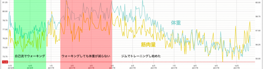 ここ1年の体重と筋肉量の変化