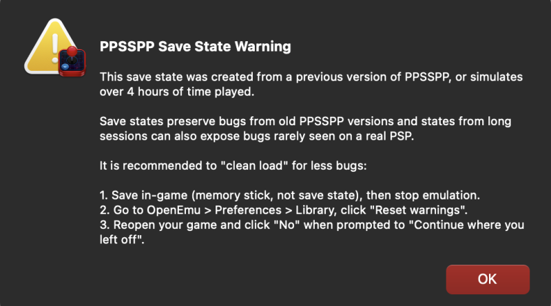 PPSSPP Save State Warning